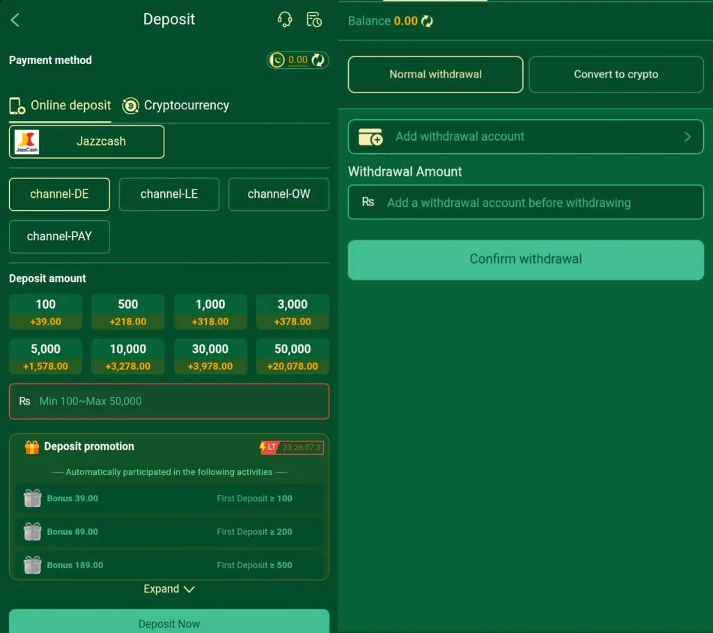 deposit and withdrawl in 89f game 